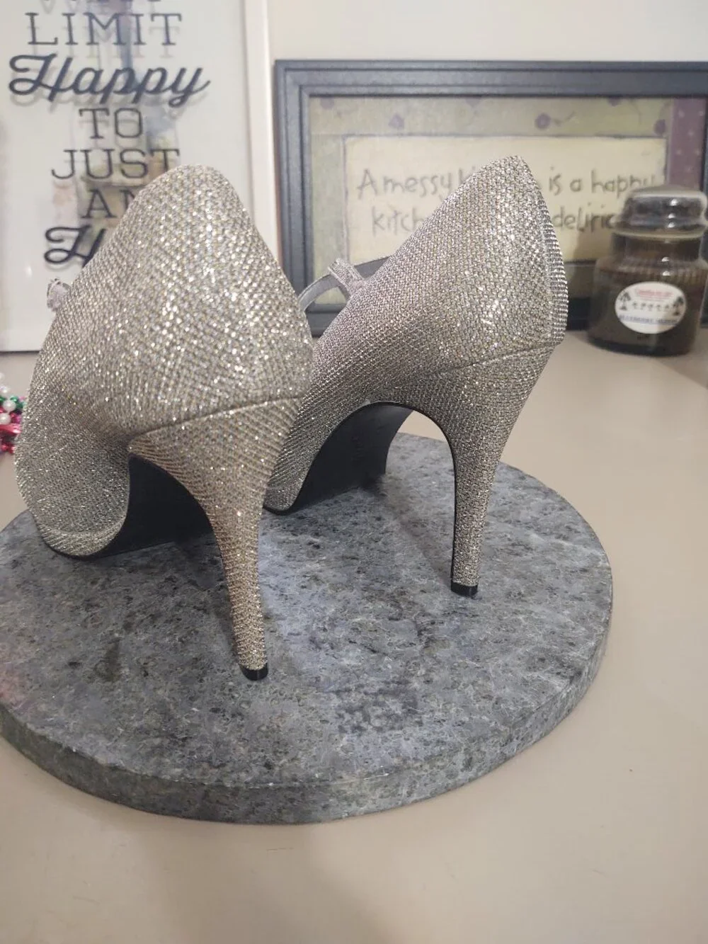 Adrianna Papell Boutique Silver Sparkle Peep Toe Heels 9.5